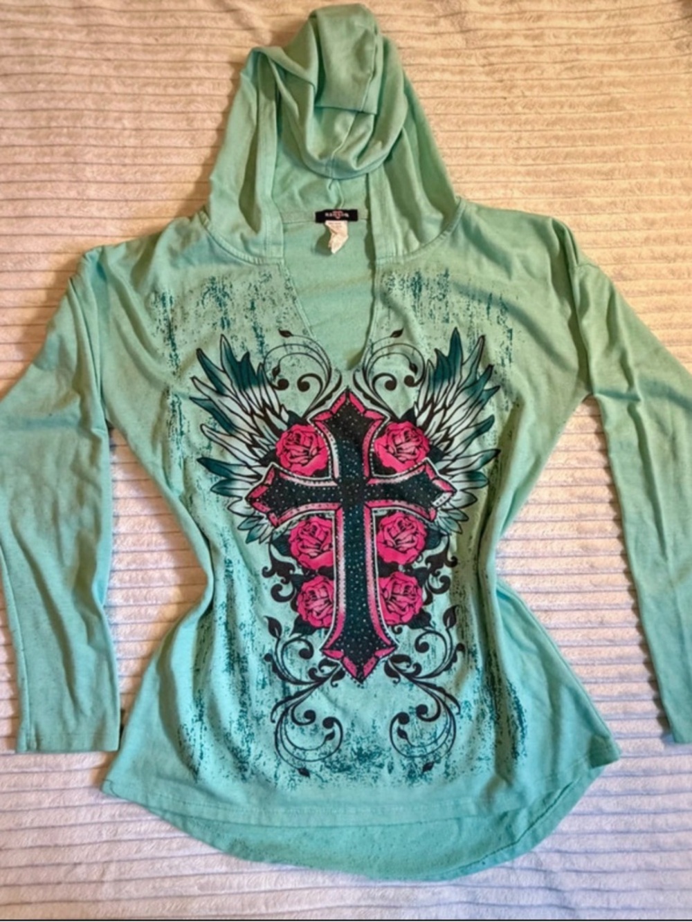 True Vintage Ransom Y2K "McBling" Cross & Roses Hoodie